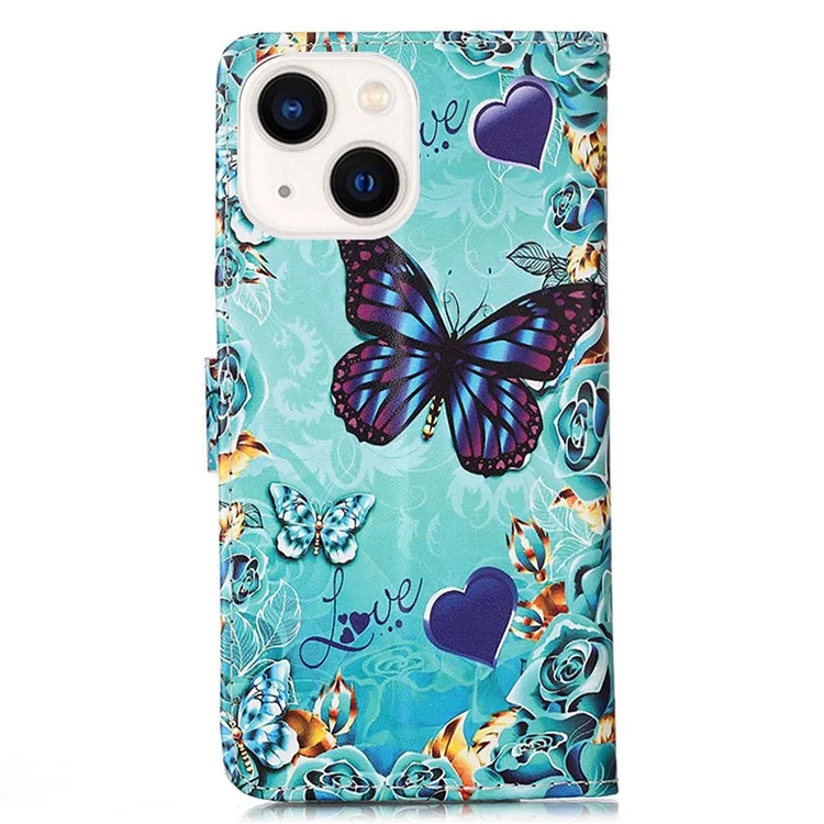 Serie de cubierta de billetera YB Pattern Printing Leather para iPhone 15 - Mariposa y corazón