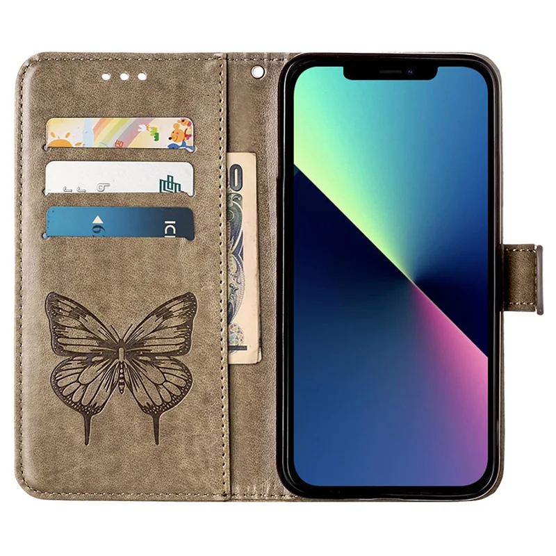 For iPhone 15 Wallet Case with Wrist Strap Butterfly Imprint Leather Phone Cover - Grey