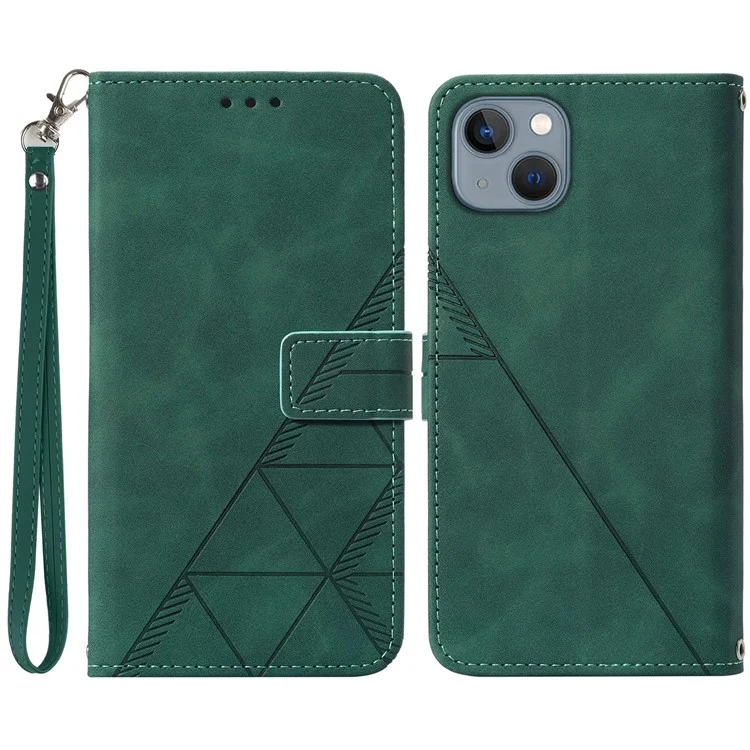 For iPhone 15 Leather Case with Hand Strap Wallet Stand Phone Cover - Blackish Green