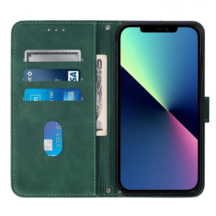 For iPhone 15 Leather Case with Hand Strap Wallet Stand Phone Cover - Blackish Green