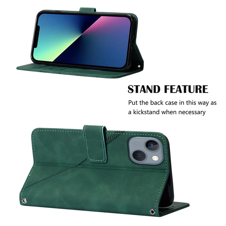 For iPhone 15 Leather Case with Hand Strap Wallet Stand Phone Cover - Blackish Green