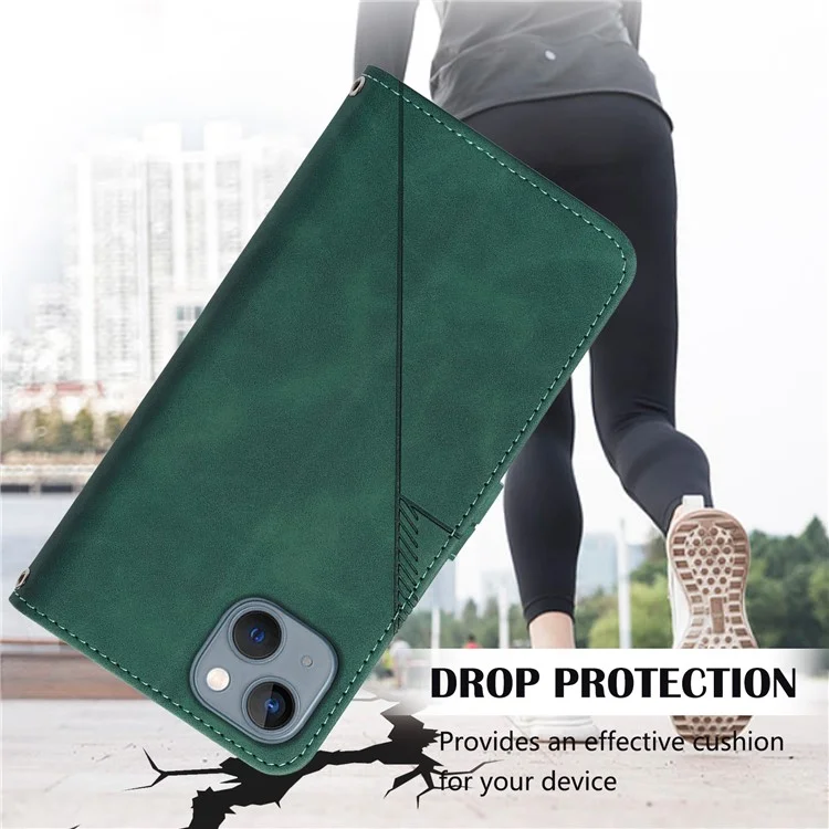 For iPhone 15 Leather Case with Hand Strap Wallet Stand Phone Cover - Blackish Green