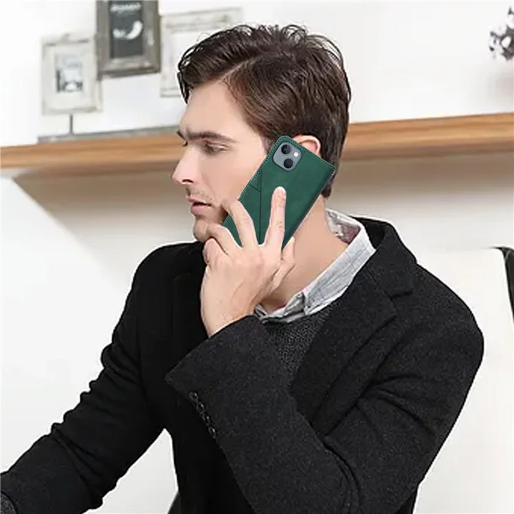 For iPhone 15 Leather Case with Hand Strap Wallet Stand Phone Cover - Blackish Green