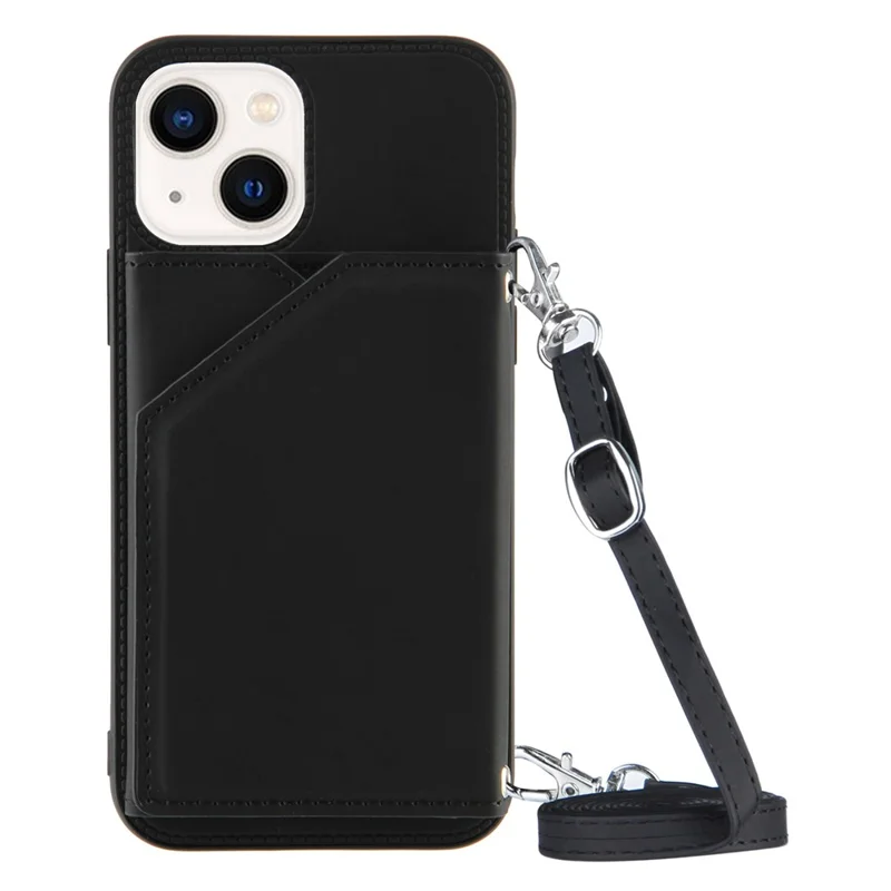 For iPhone 15 Case Card Holder Kickstand Phone Back Cover with Shoulder Strap - Black