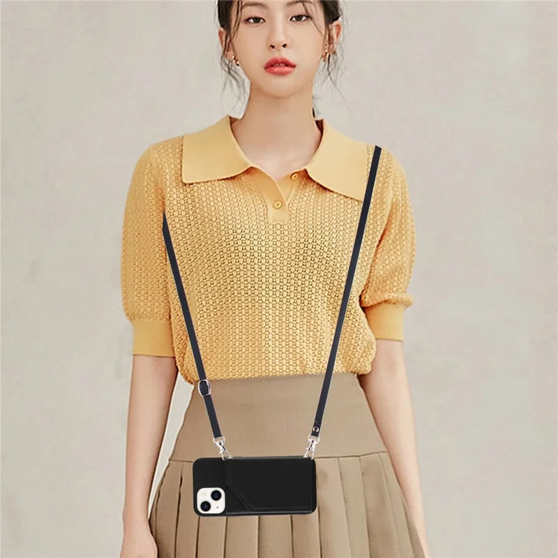 For iPhone 15 Case Card Holder Kickstand Phone Back Cover with Shoulder Strap - Black