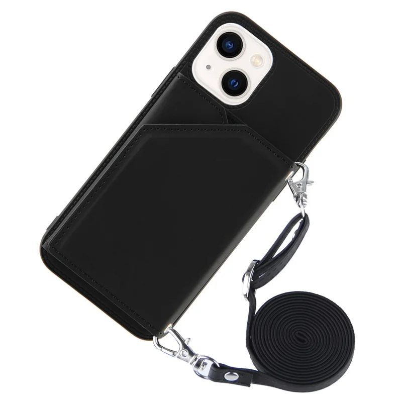 For iPhone 15 Case Card Holder Kickstand Phone Back Cover with Shoulder Strap - Black