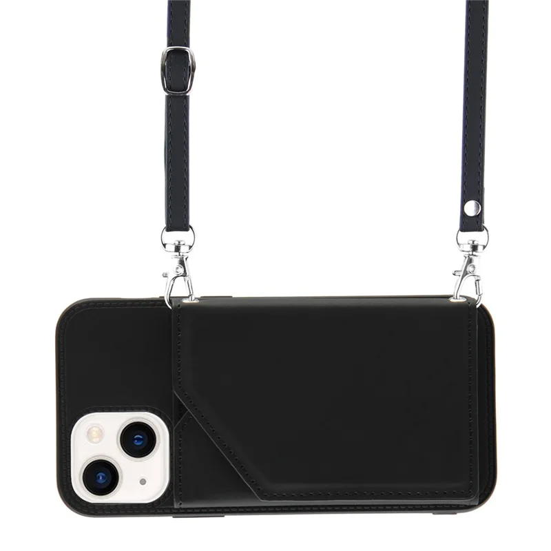 For iPhone 15 Case Card Holder Kickstand Phone Back Cover with Shoulder Strap - Black