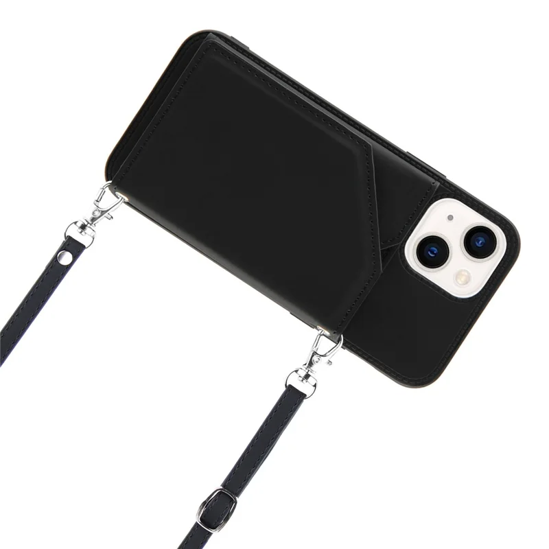 For iPhone 15 Case Card Holder Kickstand Phone Back Cover with Shoulder Strap - Black