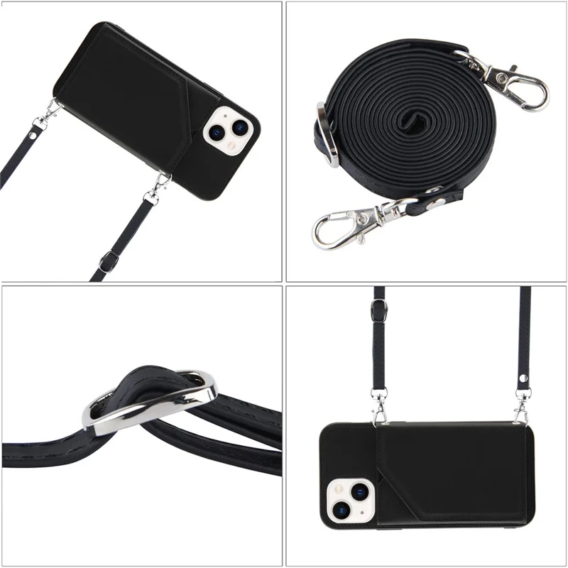 For iPhone 15 Case Card Holder Kickstand Phone Back Cover with Shoulder Strap - Black