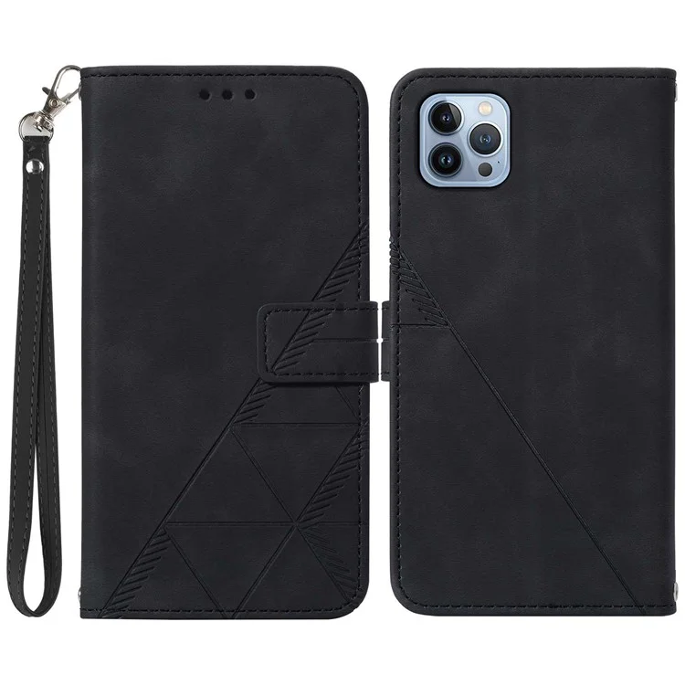 For iPhone 15 Pro Max Leather Case with Hand Strap Wallet Stand Phone Cover - Black