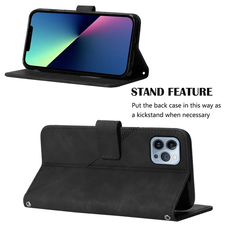 For iPhone 15 Pro Max Leather Case with Hand Strap Wallet Stand Phone Cover - Black