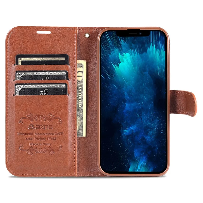AZNS PU Leather Case voor iPhone 15 Pro Max, Stand Wallet Stootvaste Telefoonhoes - Bruin