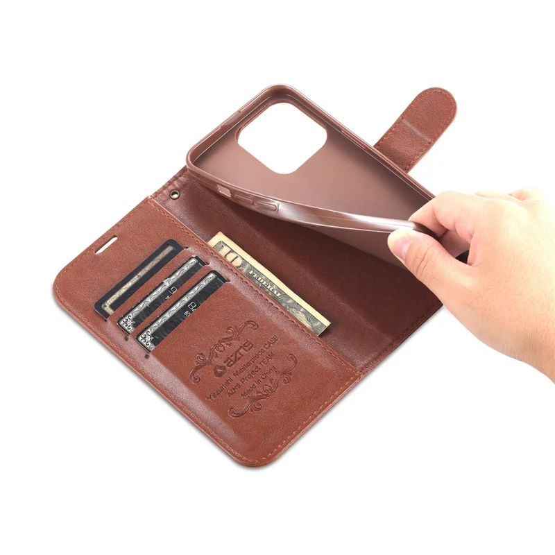 AZNS PU Leather Case voor iPhone 15 Pro Max, Stand Wallet Stootvaste Telefoonhoes - Bruin