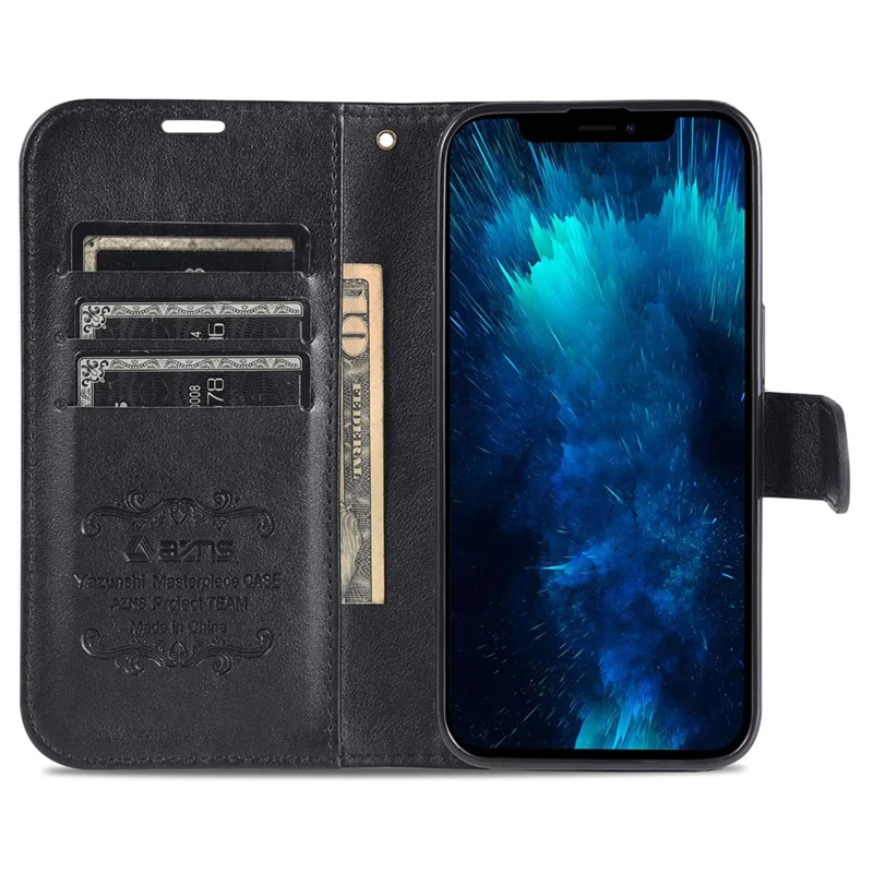 AZNS Telefon-Wallet-Hülle für iPhone 15 Plus, Ständer, PU-Leder + TPU-Telefonabdeckung - Schwarz