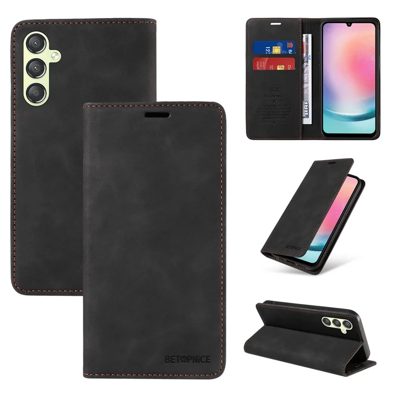 BETOPNICE 003 For Samsung Galaxy A24 4G (162.1 x 77.6 x 8.3mm) RFID Blocking PU Leather Stand Cover Shockproof Wallet Cell Phone Case - Black