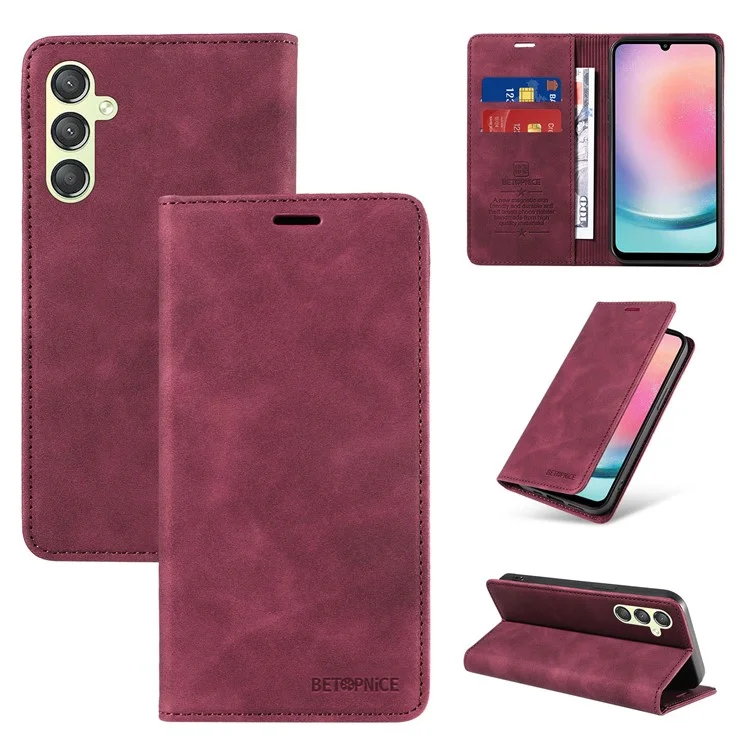 BETOPNICE 003 para Samsung Galaxy A24 4G (162.1 x 77.6 x 8.3mm) Funda de cartera con bloqueo RFID de cuero PU resistente a golpes - Rojo
