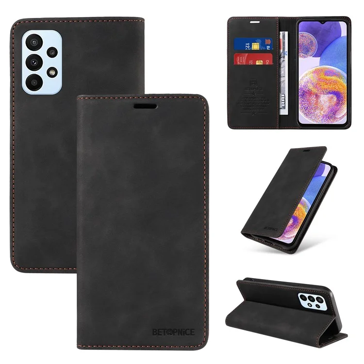 BETOPNICE 003 Para Samsung Galaxy A23 4G / A23 5G (Versão Global) / F23 5G / M23 5G/M13 4G Capa de Carteira de Couro PU com Bloqueio RFID e Suporte - Preto