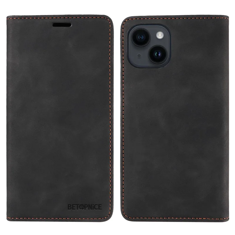 BETOPNICE 003 For iPhone 15 Plus PU Leather Stand Cover Anti-Scratch Wallet Phone Case with RFID Blocking Function - Black