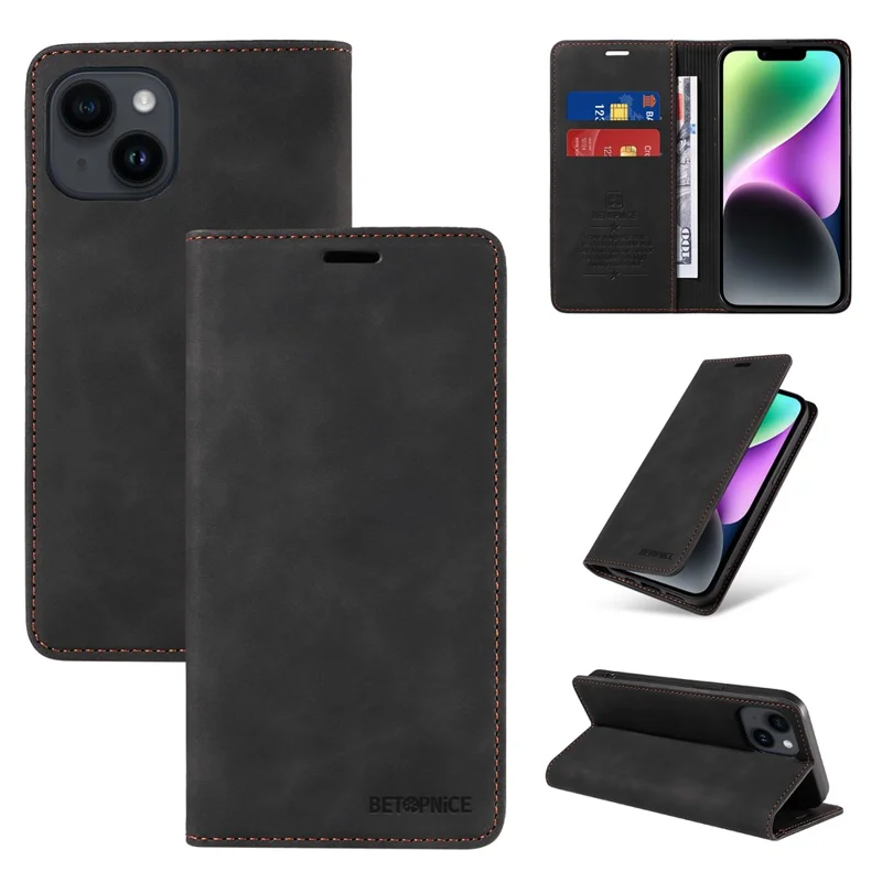 BETOPNICE 003 For iPhone 15 Plus PU Leather Stand Cover Anti-Scratch Wallet Phone Case with RFID Blocking Function - Black