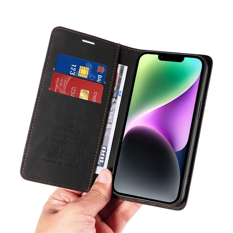 BETOPNICE 003 For iPhone 15 Plus PU Leather Stand Cover Anti-Scratch Wallet Phone Case with RFID Blocking Function - Black