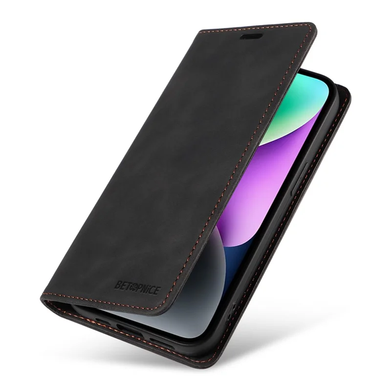 BETOPNICE 003 For iPhone 15 Plus PU Leather Stand Cover Anti-Scratch Wallet Phone Case with RFID Blocking Function - Black