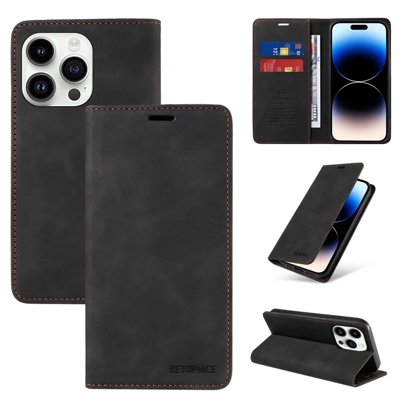 BETOPNICE 003 Pour iPhone 15 Pro Max Étui de protection en cuir PU léger avec support RFID Blocking Wallet Phone Shell - Noir