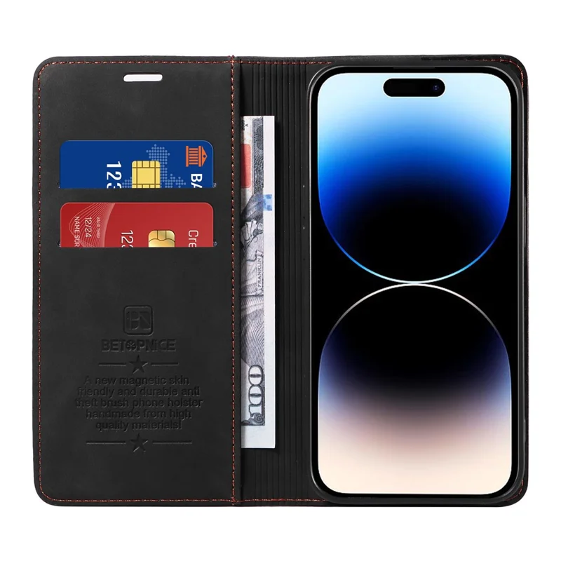 BETOPNICE 003 Pour iPhone 15 Pro Max Étui de protection en cuir PU léger avec support RFID Blocking Wallet Phone Shell - Noir