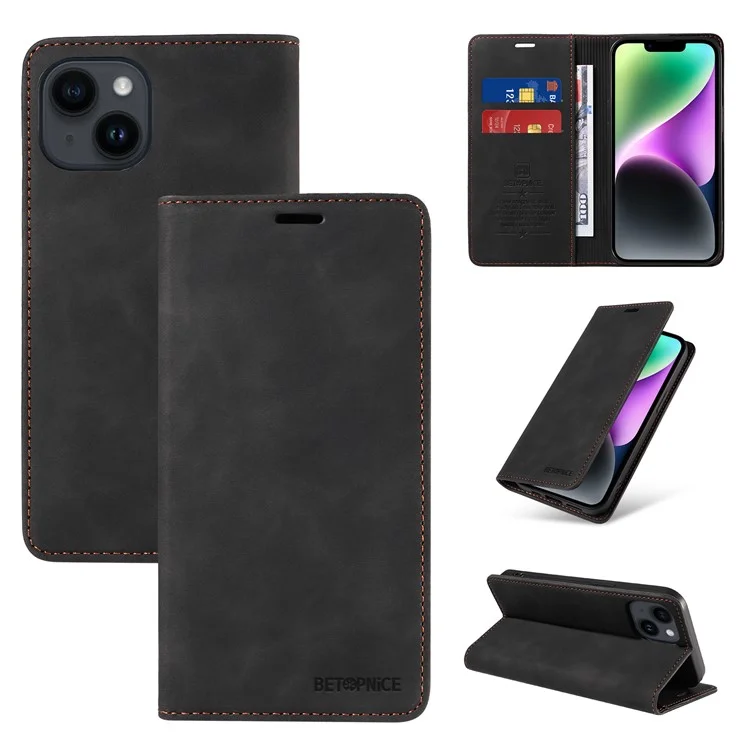 BETOPNICE 003 RFID Blocking Stand Case Per iPhone 14 Plus, Cover Con Portafoglio in TPU + PU Leather - Nero