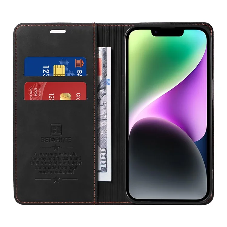 BETOPNICE 003 RFID Blocking Stand Case Per iPhone 14 Plus, Cover Con Portafoglio in TPU + PU Leather - Nero