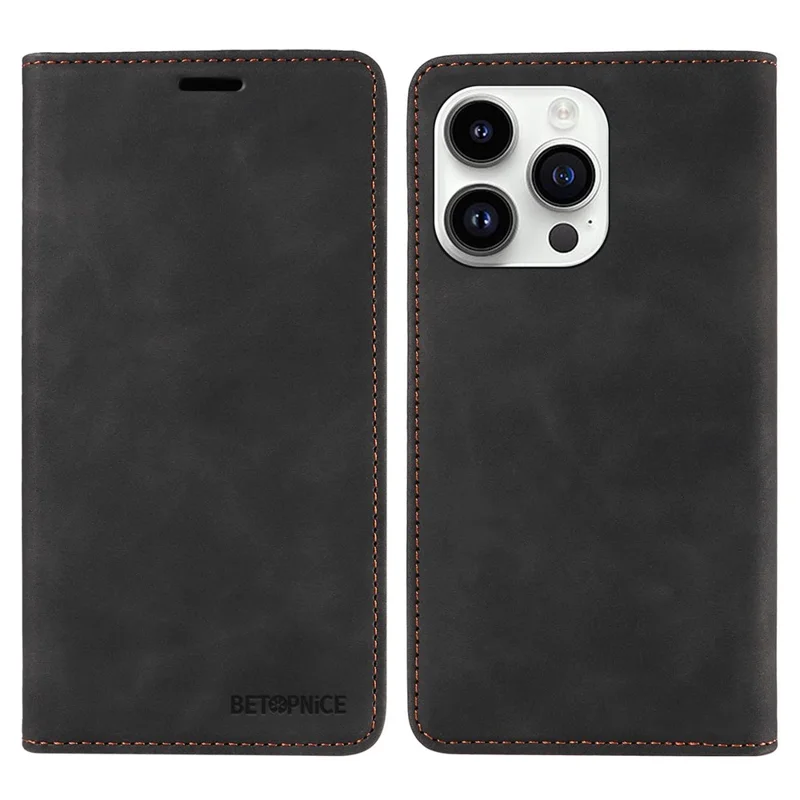 BETOPNICE 003 For iPhone 15 Pro Slim-Fit Cover RFID Blocking Wallet Phone PU Leather Stand Shell - Black