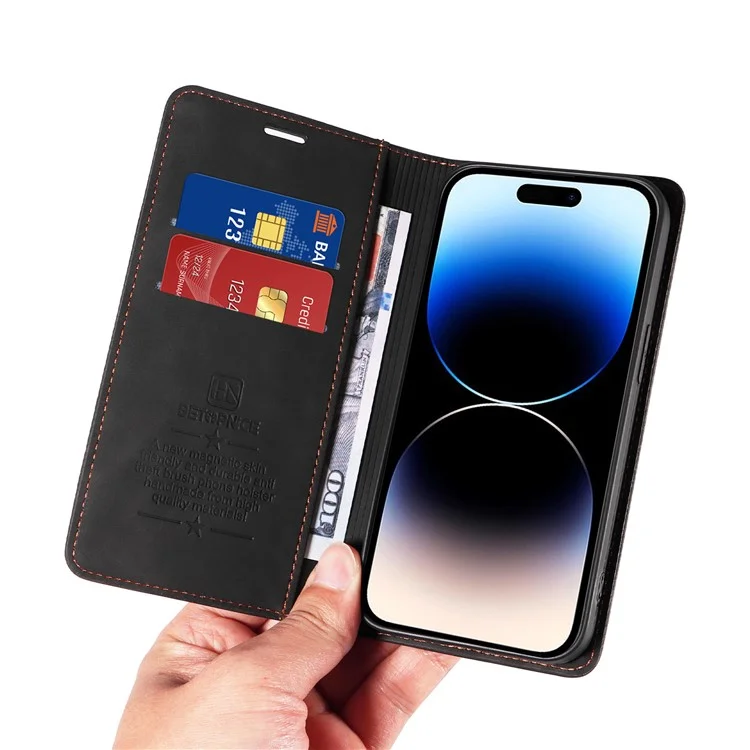 BETOPNICE 003 For iPhone 15 Pro Slim-Fit Cover RFID Blocking Wallet Phone PU Leather Stand Shell - Black