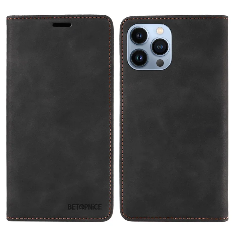 BETOPNICE 003 Magnetic Absorbed Phone Case for iPhone 13 Pro , RFID Blocking Wallet PU Leather Stand Cover - Black