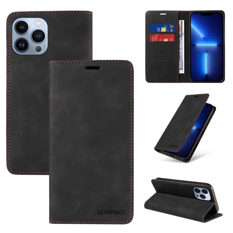 BETOPNICE 003 Magnetic Absorbed Phone Case for iPhone 13 Pro , RFID Blocking Wallet PU Leather Stand Cover - Black