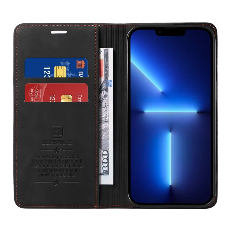 BETOPNICE 003 Magnetic Absorbed Phone Case for iPhone 13 Pro , RFID Blocking Wallet PU Leather Stand Cover - Black