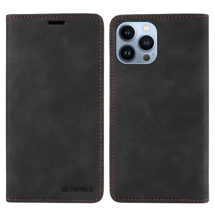 BETOPNICE 003 Wallet Phone Shell  Für iPhone 13 Pro Max, PU-Leder Stand Cover RFID-Blocking Phone Case - Schwarz