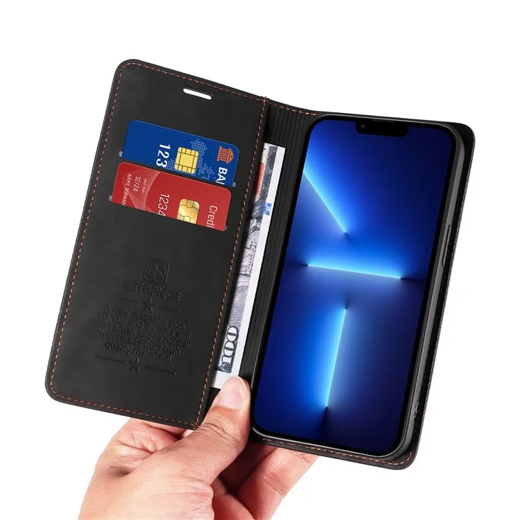 BETOPNICE 003 Wallet Phone Shell  Für iPhone 13 Pro Max, PU-Leder Stand Cover RFID-Blocking Phone Case - Schwarz
