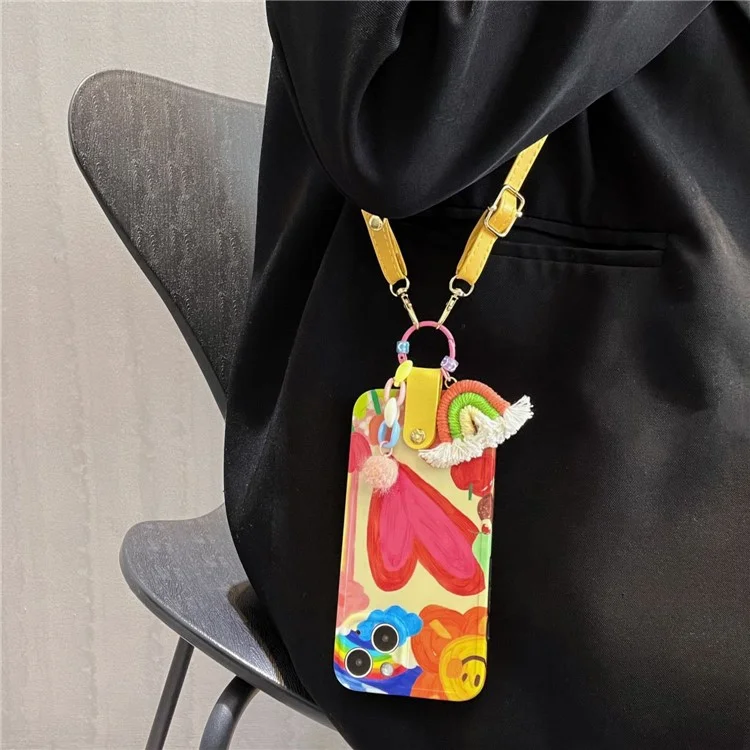 Phone Case For iPhone 14 Plus , TPU Phone Cover Heart Pattern Shell with Rainbow Decor, Leather Shoulder Strap