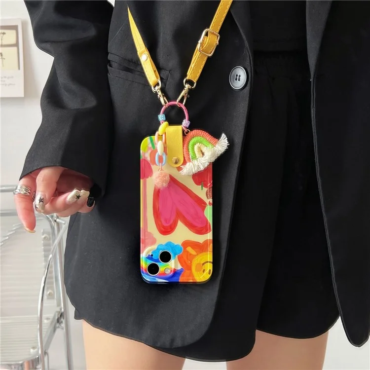 Phone Case For iPhone 14 Plus , TPU Phone Cover Heart Pattern Shell with Rainbow Decor, Leather Shoulder Strap