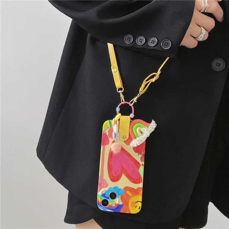 Phone Case For iPhone 14 Plus , TPU Phone Cover Heart Pattern Shell with Rainbow Decor, Leather Shoulder Strap