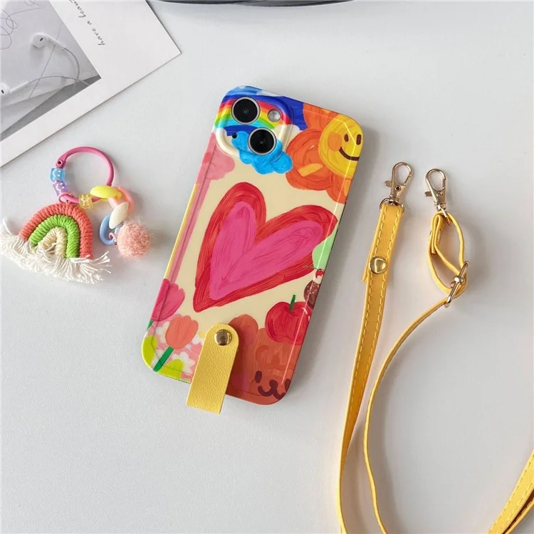 Phone Case For iPhone 14 Plus , TPU Phone Cover Heart Pattern Shell with Rainbow Decor, Leather Shoulder Strap