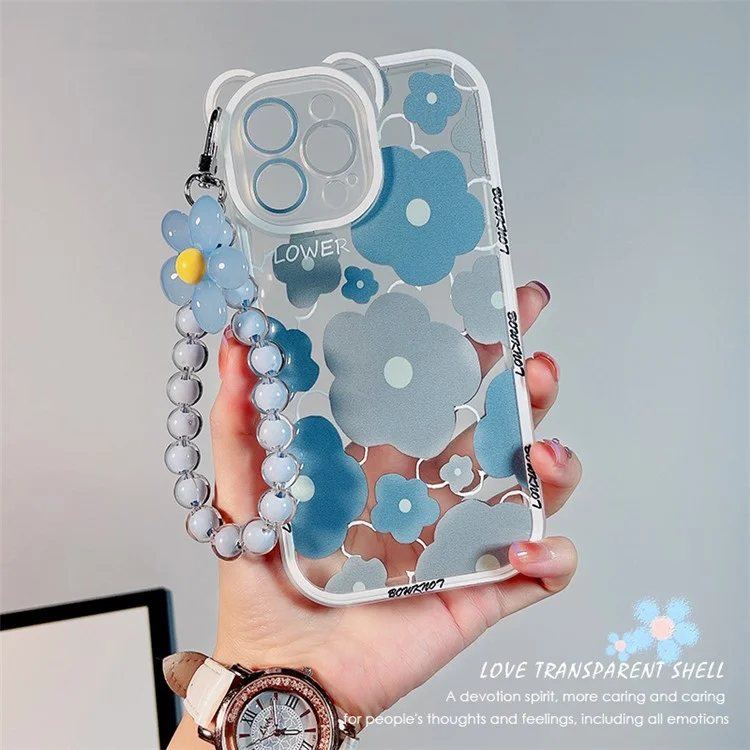 TPU Phone Case for iPhone 14 Pro , Bear Ear Decor Cell Phone Shell Flower Pattern Cover with Bead Strap