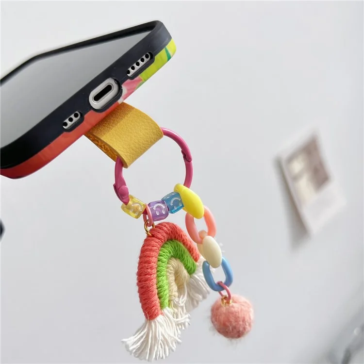 For iPhone 14 Slim-Fit TPU Phone Cover Heart Pattern Case Shell with Leather Shoulder Strap and Rainbow Decor