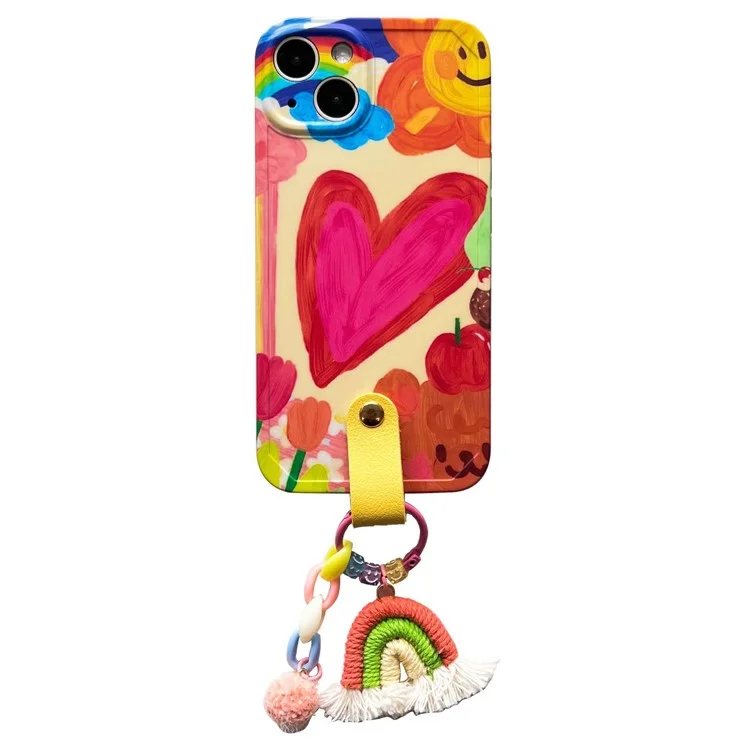 For iPhone 14 Slim-Fit TPU Phone Cover Heart Pattern Case Shell with Leather Shoulder Strap and Rainbow Decor