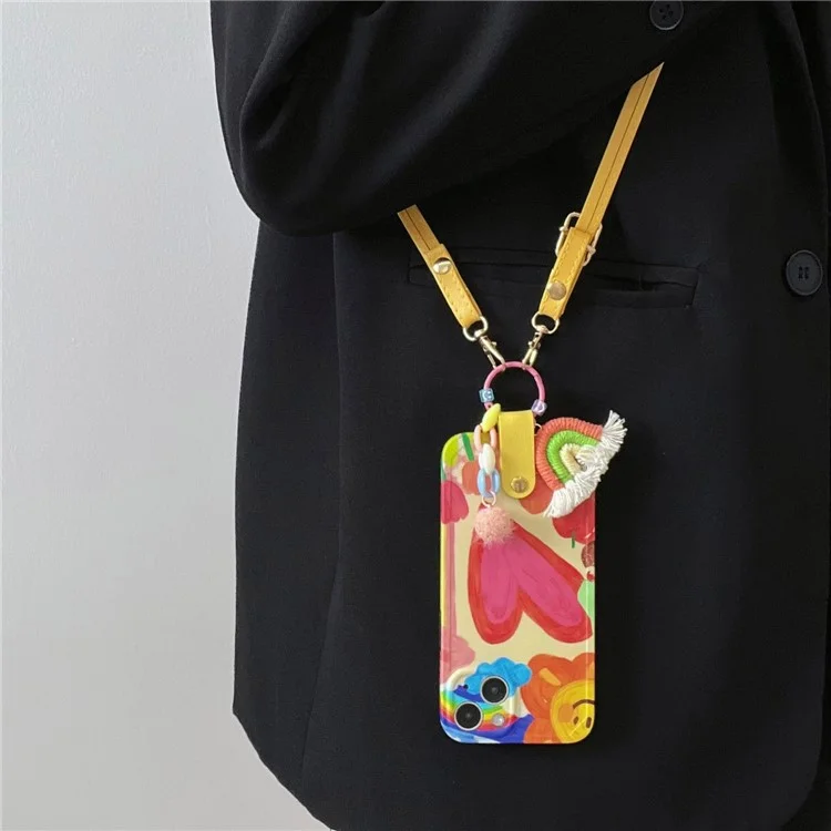 For iPhone 14 Slim-Fit TPU Phone Cover Heart Pattern Case Shell with Leather Shoulder Strap and Rainbow Decor