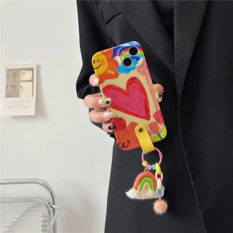 For iPhone 14 Slim-Fit TPU Phone Cover Heart Pattern Case Shell with Leather Shoulder Strap and Rainbow Decor