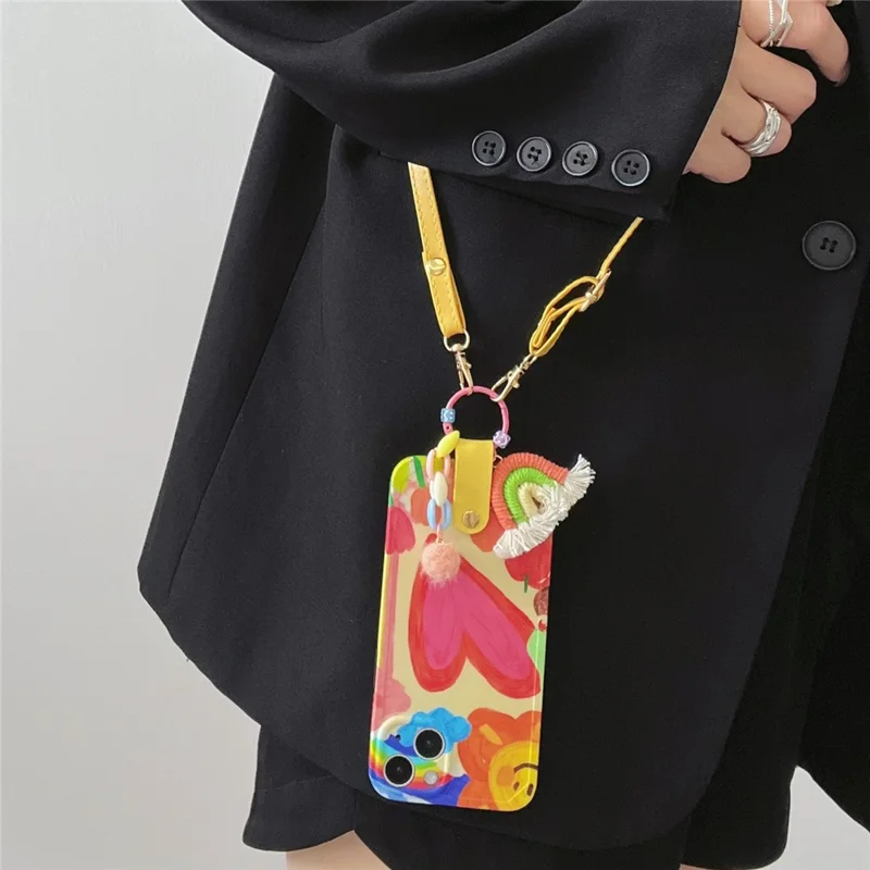 For iPhone 13 Soft TPU Phone Cover Heart Pattern Cell Phone Case with Rainbow Decor, Leather Shoulder Strap