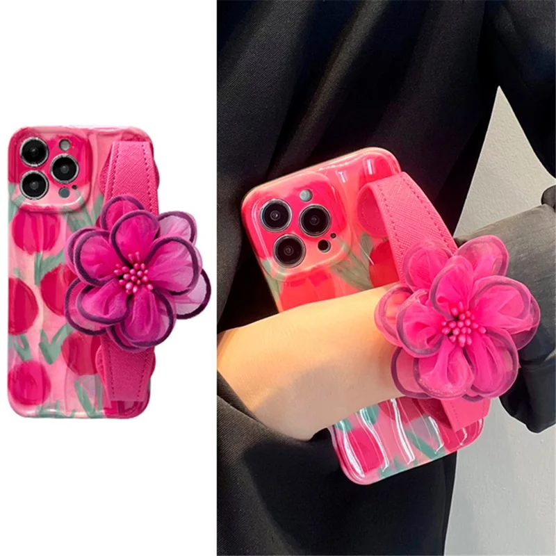 For iPhone 12 Pro Max TPU Shell Anti-Scratch Phone Case Cell Phone Cover with Gauze Flower Leather Wristband