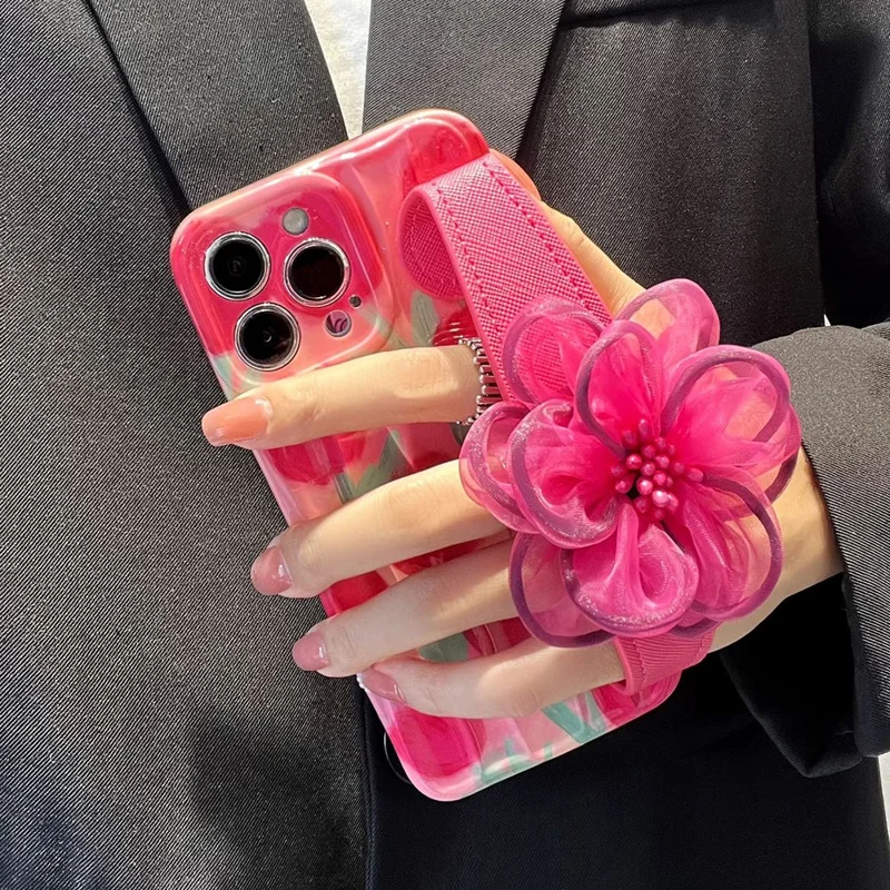 For iPhone 12 Pro Max TPU Shell Anti-Scratch Phone Case Cell Phone Cover with Gauze Flower Leather Wristband