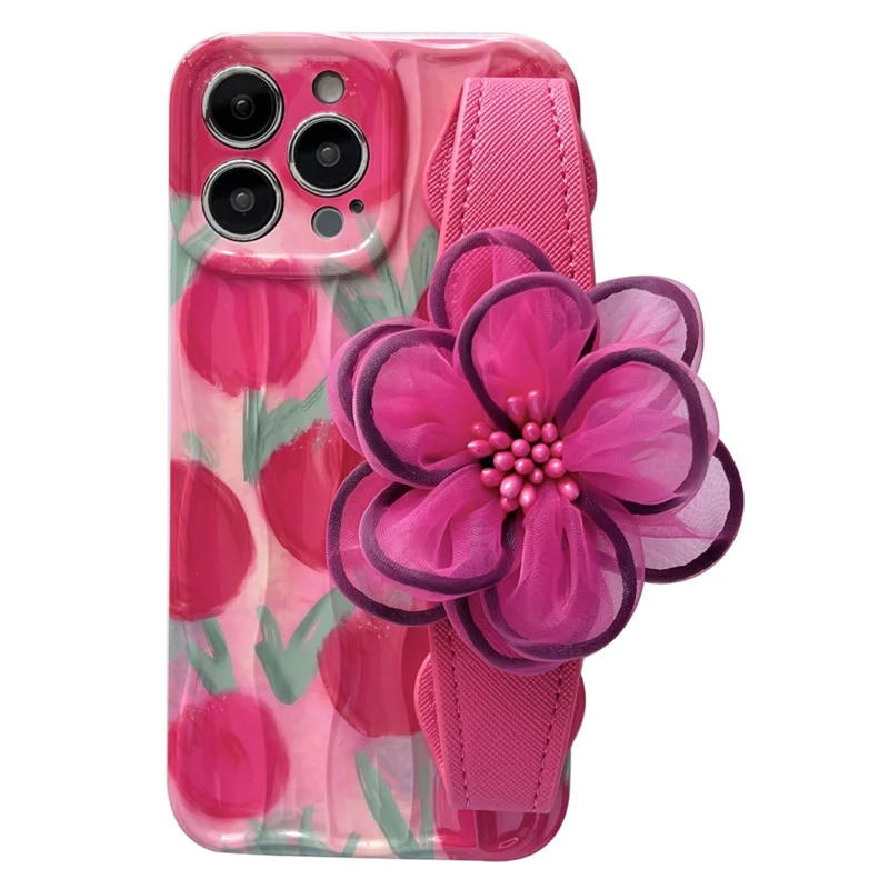 For iPhone 14 Pro Pattern TPU Case Gauze Flower Leather Wristband Phone Cover with Shoulder Strap