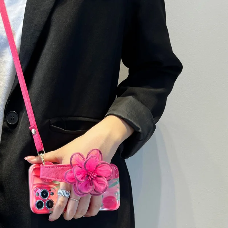 For iPhone 14 Pro Pattern TPU Case Gauze Flower Leather Wristband Phone Cover with Shoulder Strap
